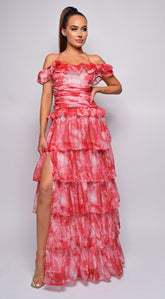 Lavera Red Tie Dye Ruffle Side Slit Maxi Dress